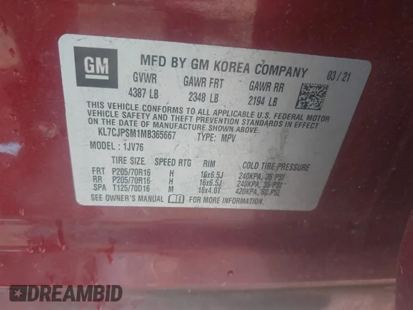 ✅ 2021 Chevrolet Trax LT • VIN: KL7CJPSM1MB365667 • Лот: 45184791. Опубликован ранее на IAAI с пробегом 140 565 миль. Бесплатный доступ к архиву аукционных продаж из США и подробный отчёт об истории автомобиля на DreamBid. Изображение 9.