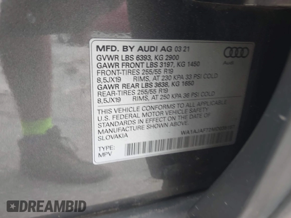✅ 2021 Audi Q7 Premium • VIN: WA1AJAF72MD035157 • Lot: 44908456. Wystawiony na IAAI z przebiegiem 60 083 mil. Bezpłatny archiwum sprzedaży aukcyjnych z USA i szczegółowy raport historii pojazdu na DreamBid. Zdjęcie 9.