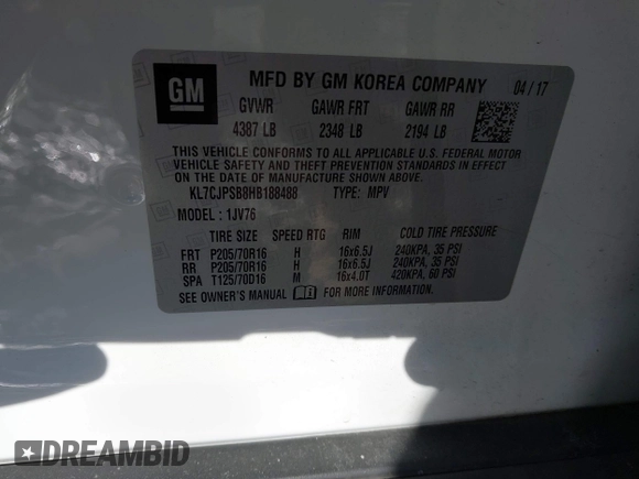 ✅ 2017 Chevrolet Trax LT • VIN: KL7CJPSB8HB188488 • Lot: 43936352. Wystawiony na IAAI z przebiegiem 57 034 mil. Bezpłatny archiwum sprzedaży aukcyjnych z USA i szczegółowy raport historii pojazdu na DreamBid. Zdjęcie 9.