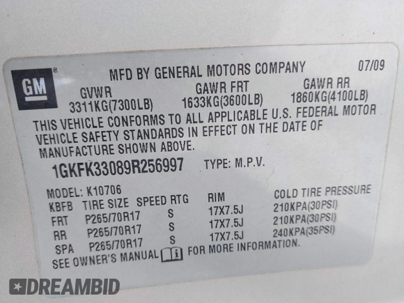 ✅ 2009 GMC Yukon SLT 4SB • VIN: 1GKFK33089R256997 • Lot: 44959542. Wystawiony na IAAI z przebiegiem Nie podano. Bezpłatny archiwum sprzedaży aukcyjnych z USA i szczegółowy raport historii pojazdu na DreamBid. Zdjęcie 9.