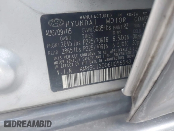 ✅ 2006 Hyundai Santa Fe GLS • VIN: KM8SC13D06U055548 • Lot: 44178434. Wystawiony na IAAI z przebiegiem 174 245 mil. Bezpłatny archiwum sprzedaży aukcyjnych z USA i szczegółowy raport historii pojazdu na DreamBid. Zdjęcie 9.
