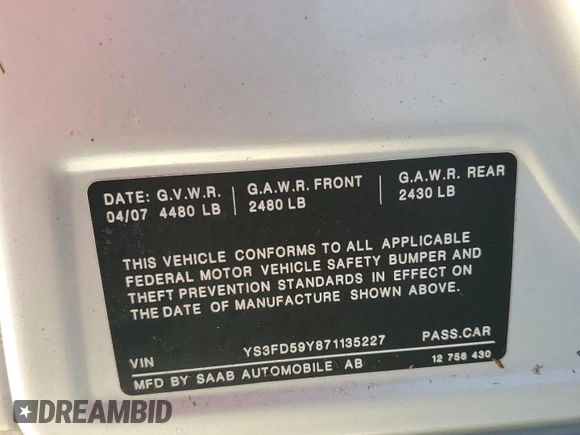 ✅ 2007 Saab 9-3 • VIN: YS3FD59Y871135227 • Лот: 75410044. Опубликован ранее на Copart с пробегом Не указан. Бесплатный доступ к архиву аукционных продаж из США и подробный отчёт об истории автомобиля на DreamBid. Изображение 13.
