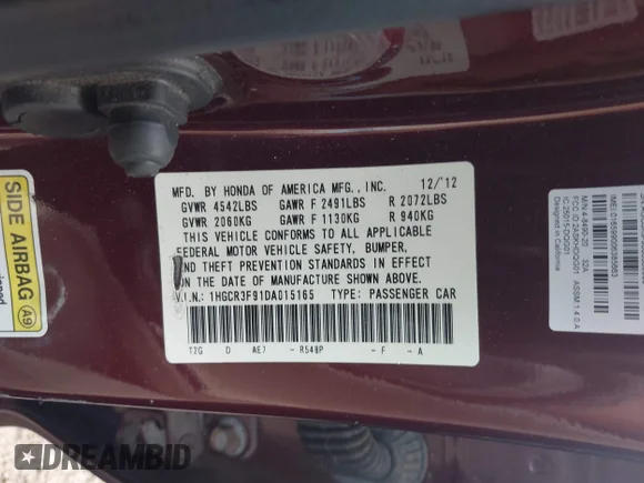✅ 2013 Honda Accord Touring • VIN: 1HGCR3F91DA015165 • Lot: 44919106. Wystawiony na IAAI z przebiegiem 122 718 mil. Bezpłatny archiwum sprzedaży aukcyjnych z USA i szczegółowy raport historii pojazdu na DreamBid. Zdjęcie 9.