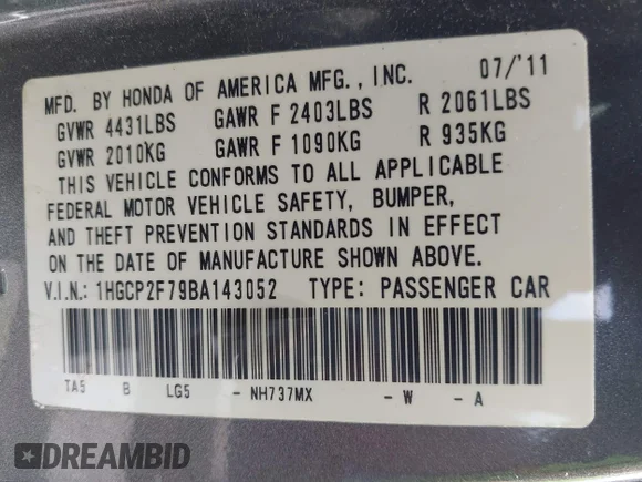 ✅ 2011 Honda Accord EX • VIN: 1HGCP2F79BA143052 • Lot: 45217182. Wystawiony na IAAI z przebiegiem 253 469 mil. Bezpłatny archiwum sprzedaży aukcyjnych z USA i szczegółowy raport historii pojazdu na DreamBid. Zdjęcie 9.
