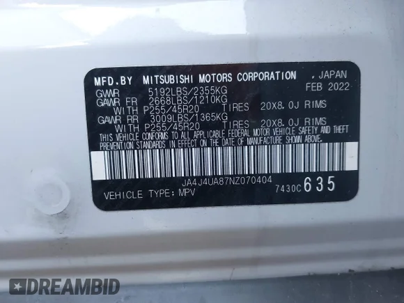 ✅ 2022 Mitsubishi Outlander SE • VIN: JA4J4UA87NZ070404 • Lot: 43923757. Wystawiony na IAAI z przebiegiem 54 281 mil. Bezpłatny archiwum sprzedaży aukcyjnych z USA i szczegółowy raport historii pojazdu na DreamBid. Zdjęcie 9.
