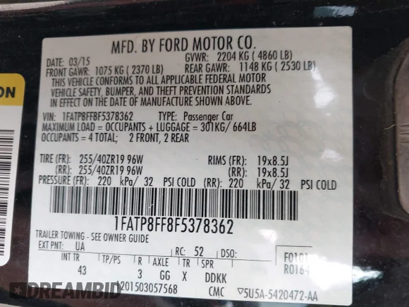 ✅ 2015 Ford Mustang GT Premium • VIN: 1FATP8FF8F5378362 • Lot: 43085478. Listed on IAAI with 61,709 mi. Free auction sales archive from the USA and detailed vehicle history report at DreamBid. Image 9.