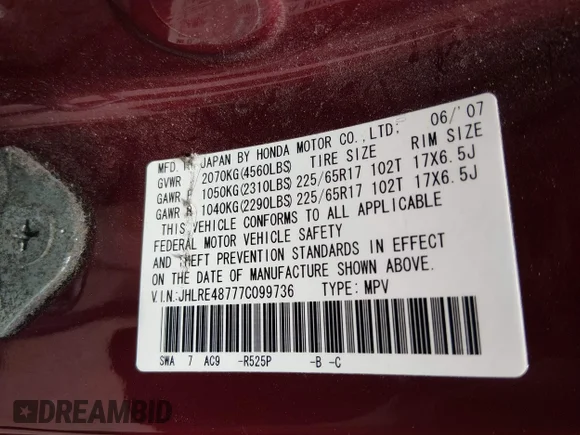 ✅ 2007 Honda CR-V EX-L • VIN: JHLRE48777C099736 • Lot: 45359036. Wystawiony na IAAI z przebiegiem 274 135 mil. Bezpłatny archiwum sprzedaży aukcyjnych z USA i szczegółowy raport historii pojazdu na DreamBid. Zdjęcie 9.