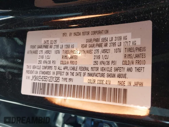 ✅ 2025 Mazda CX-90 Premium Plus Package • VIN: JM3KKEHD5S1231326 • Lot: 45382038. Wystawiony na IAAI z przebiegiem Nie podano. Bezpłatny archiwum sprzedaży aukcyjnych z USA i szczegółowy raport historii pojazdu na DreamBid. Zdjęcie 9.