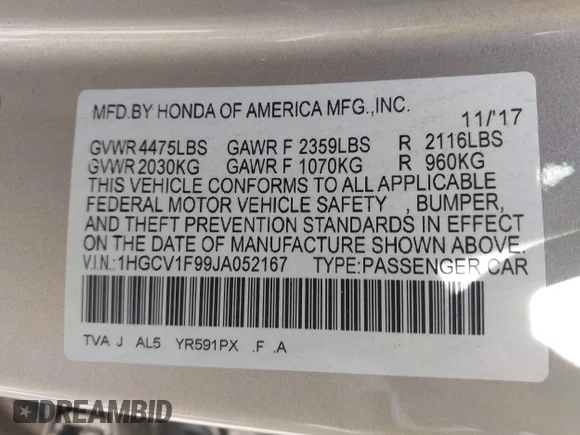 ✅ 2018 Honda Accord Touring • VIN: 1HGCV1F99JA052167 • Lot: 45483609. Listed on IAAI with 69,507 mi. Free auction sales archive from the USA and detailed vehicle history report at DreamBid. Image 9.