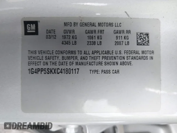 ✅ 2012 Buick Verano • VIN: 1G4PP5SKXC4180117 • Лот: 43337302. Опубліковано раніше на IAAI з пробігом 154 449 миль. Безкоштовний доступ до архіву аукціонних продажів зі США та докладний звіт про історію автомобіля на DreamBid. Зображення 9.