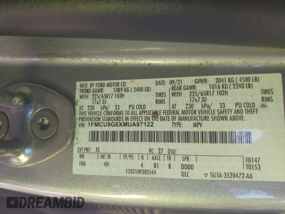 ✅ 2021 Ford Escape SE • VIN: 1FMCU9G6XMUA97122 • Lot: 43797179. Wystawiony na IAAI z przebiegiem Nie podano. Bezpłatny archiwum sprzedaży aukcyjnych z USA i szczegółowy raport historii pojazdu na DreamBid. Zdjęcie 9.