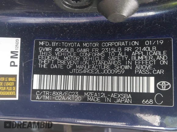 ✅ 2020 Toyota Corolla SE • VIN: JTDS4RCE2LJ000959 • Lot: 45212816. Listed on IAAI with 141,502 mi. Free auction sales archive from the USA and detailed vehicle history report at DreamBid. Image 9.