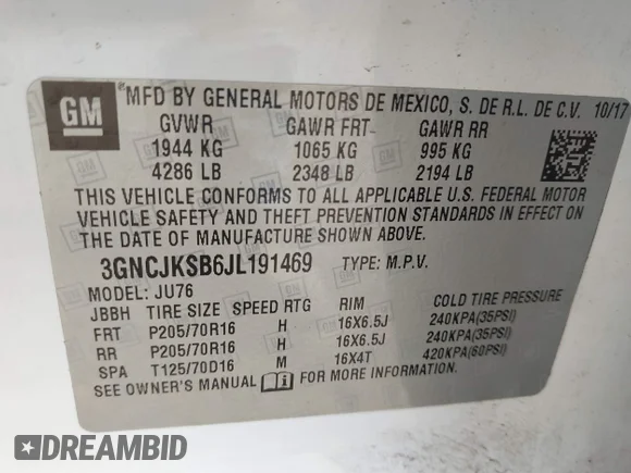 ✅ 2018 Chevrolet Trax LS • VIN: 3GNCJKSB6JL191469 • Lot: 45146533. Wystawiony na IAAI z przebiegiem 40 739 mil. Bezpłatny archiwum sprzedaży aukcyjnych z USA i szczegółowy raport historii pojazdu na DreamBid. Zdjęcie 9.