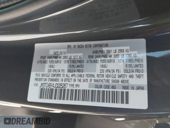 ✅ 2018 Mazda CX-9 Sport • VIN: JM3TCABY4J0225267 • Lot: 41787981. Wystawiony na IAAI z przebiegiem 63 883 mil. Bezpłatny archiwum sprzedaży aukcyjnych z USA i szczegółowy raport historii pojazdu na DreamBid. Zdjęcie 9.