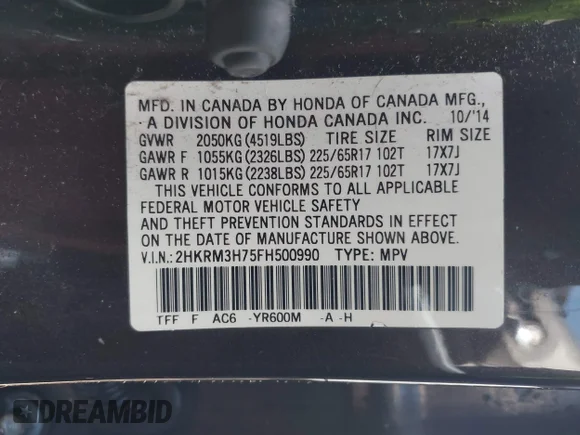 ✅ 2015 Honda CR-V EX-L • VIN: 2HKRM3H75FH500990 • Lot: 44117925. Wystawiony na IAAI z przebiegiem 162 354 mil. Bezpłatny archiwum sprzedaży aukcyjnych z USA i szczegółowy raport historii pojazdu na DreamBid. Zdjęcie 9.