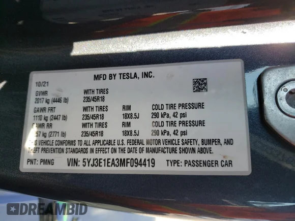✅ 2021 Tesla Model 3 Standard Range Plus • VIN: 5YJ3E1EA3MF094419 • Лот: 71372502. Опубліковано раніше на Copart з пробігом 5 591 миль. Безкоштовний доступ до архіву аукціонних продажів зі США та докладний звіт про історію автомобіля на DreamBid. Зображення 13.