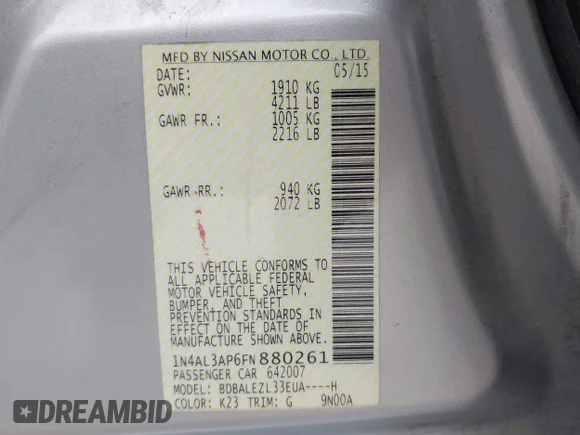 ✅ 2015 Nissan Altima 2.5 • VIN: 1N4AL3AP6FN880261 • Лот: 45461862. Опубликован ранее на IAAI с пробегом 276 744 миль. Бесплатный доступ к архиву аукционных продаж из США и подробный отчёт об истории автомобиля на DreamBid. Изображение 9.