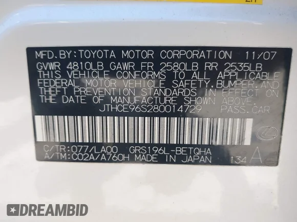 ✅ 2008 Lexus GS 350 • VIN: JTHCE96S280014729 • Lot: 44998948. Listed on IAAI with 164,955 mi. Free auction sales archive from the USA and detailed vehicle history report at DreamBid. Image 9.