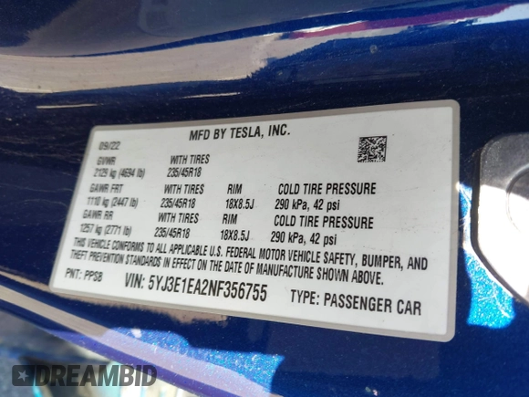 ✅ 2022 Tesla Model 3 • VIN: 5YJ3E1EA2NF356755 • Lot: 44745601. Listed on IAAI with 42,340 mi. Free auction sales archive from the USA and detailed vehicle history report at DreamBid. Image 9.