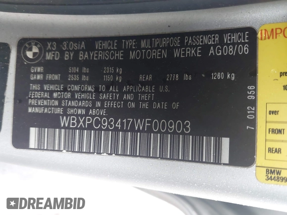 ✅ 2007 BMW X3 3.0si • VIN: WBXPC93417WF00903 • Лот: 44623719. Опубликован ранее на IAAI с пробегом Не указан. Бесплатный доступ к архиву аукционных продаж из США и подробный отчёт об истории автомобиля на DreamBid. Изображение 9.