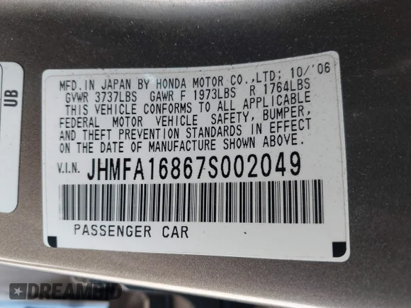 ✅ 2007 Honda Civic EX • VIN: JHMFA16867S002049 • Lot: 44573264. Wystawiony na IAAI z przebiegiem 133 051 mil. Bezpłatny archiwum sprzedaży aukcyjnych z USA i szczegółowy raport historii pojazdu na DreamBid. Zdjęcie 9.