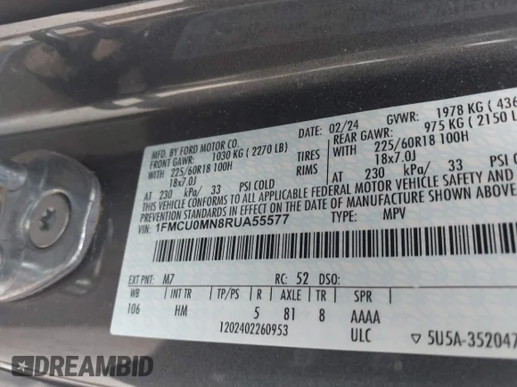 ✅ 2024 Ford Escape ST-Line • VIN: 1FMCU0MN8RUA55577 • Lot: 45102978. Listed on IAAI with 43,674 mi. Free auction sales archive from the USA and detailed vehicle history report at DreamBid. Image 9.