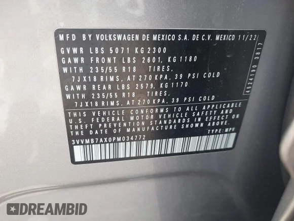 ✅ 2023 Volkswagen Tiguan SE • VIN: 3VVMB7AX0PM034772 • Lot: 45051102. Wystawiony na IAAI z przebiegiem 114 904 mil. Bezpłatny archiwum sprzedaży aukcyjnych z USA i szczegółowy raport historii pojazdu na DreamBid. Zdjęcie 9.