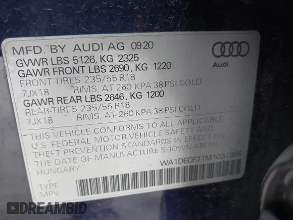✅ 2021 Audi Q3 S line Premium • VIN: WA1DECF31M1031368 • Лот: 42133396. Опубліковано раніше на IAAI з пробігом 50 148 миль. Безкоштовний доступ до архіву аукціонних продажів зі США та докладний звіт про історію автомобіля на DreamBid. Зображення 9.