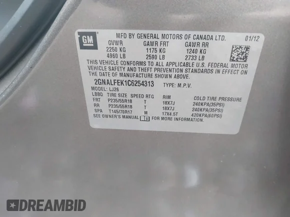 ✅ 2012 Chevrolet Equinox LTZ • VIN: 2GNALFEK1C6254313 • Lot: 44092210. Listed on IAAI with 135,804 mi. Free auction sales archive from the USA and detailed vehicle history report at DreamBid. Image 9.