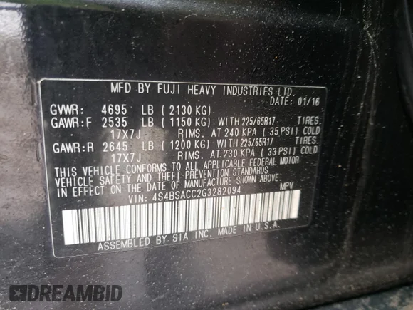 ✅ 2016 Subaru Outback Premium • VIN: 4S4BSACC2G3282094 • Лот: 44256903. Опубліковано раніше на Copart з пробігом 140 659 миль. Безкоштовний доступ до архіву аукціонних продажів зі США та докладний звіт про історію автомобіля на DreamBid. Зображення 15.