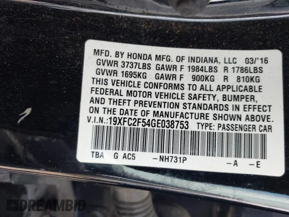 ✅ 2016 Honda Civic LX • VIN: 19XFC2F54GE038753 • Lot: 44736785. Wystawiony na IAAI z przebiegiem Nie podano. Bezpłatny archiwum sprzedaży aukcyjnych z USA i szczegółowy raport historii pojazdu na DreamBid. Zdjęcie 9.