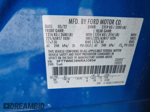 ✅ 2022 Ford Maverick XL • VIN: 3FTTW8E38NRA33834 • Lot: 44293388. Wystawiony na IAAI z przebiegiem 105 904 mil. Bezpłatny archiwum sprzedaży aukcyjnych z USA i szczegółowy raport historii pojazdu na DreamBid. Zdjęcie 9.
