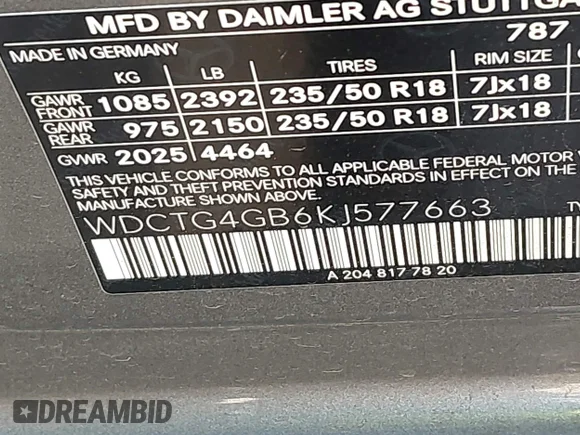 ✅ 2019 Mercedes-Benz GLA 250 • VIN: WDCTG4GB6KJ577663 • Lot: 43905420. Wystawiony na IAAI z przebiegiem 77 312 mil. Bezpłatny archiwum sprzedaży aukcyjnych z USA i szczegółowy raport historii pojazdu na DreamBid. Zdjęcie 9.