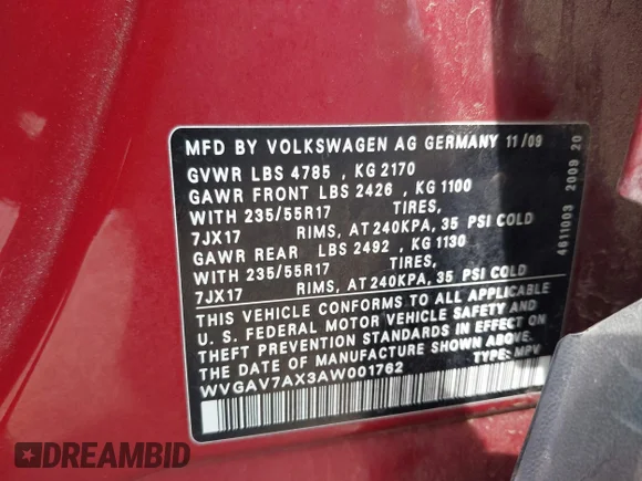 ✅ 2010 Volkswagen Tiguan S • VIN: WVGAV7AX3AW001762 • Lot: 42572895. Listed on IAAI with 127,433 mi. Free auction sales archive from the USA and detailed vehicle history report at DreamBid. Image 9.