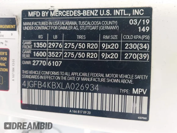 ✅ 2020 Mercedes-Benz GLE 350 • VIN: 4JGFB4KBXLA026934 • Lot: 45189857. Listed on IAAI with 90,460 mi. Free auction sales archive from the USA and detailed vehicle history report at DreamBid. Image 9.