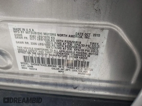 ✅ 2015 Mitsubishi Outlander GT • VIN: 4A4AR4AW1FE058319 • Lot: 44170989. Listed on IAAI with 161,632 mi. Free auction sales archive from the USA and detailed vehicle history report at DreamBid. Image 9.