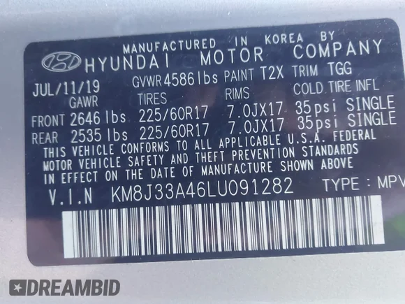 ✅ 2020 Hyundai Tucson Value • VIN: KM8J33A46LU091282 • Lot: 43908135. Wystawiony na IAAI z przebiegiem 123 138 mil. Bezpłatny archiwum sprzedaży aukcyjnych z USA i szczegółowy raport historii pojazdu na DreamBid. Zdjęcie 9.