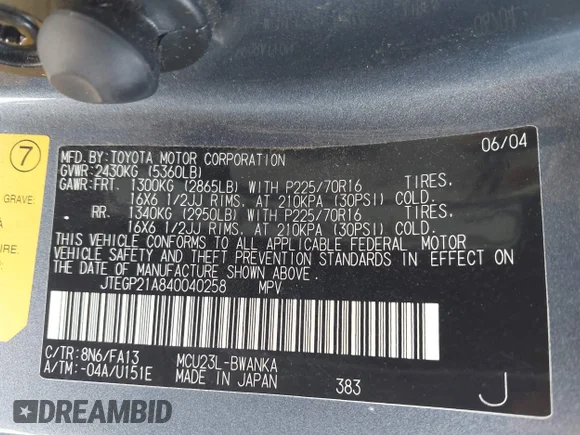 ✅ 2004 Toyota Highlander • VIN: JTEGP21A840040258 • Lot: 44987733. Listed on IAAI with 165,685 mi. Free auction sales archive from the USA and detailed vehicle history report at DreamBid. Image 9.