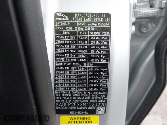 ✅ 2021 Jaguar E-Pace SE • VIN: SADFP2FX3M1023220 • Lot: 44396934. Wystawiony na IAAI z przebiegiem 34 990 mil. Bezpłatny archiwum sprzedaży aukcyjnych z USA i szczegółowy raport historii pojazdu na DreamBid. Zdjęcie 9.