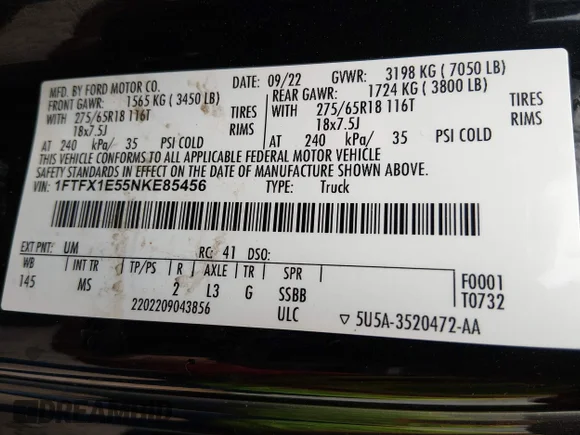 ✅ 2022 Ford F-150 XL • VIN: 1FTFX1E55NKE85456 • Lot: 45149447. Wystawiony na IAAI z przebiegiem Nie podano. Bezpłatny archiwum sprzedaży aukcyjnych z USA i szczegółowy raport historii pojazdu na DreamBid. Zdjęcie 9.