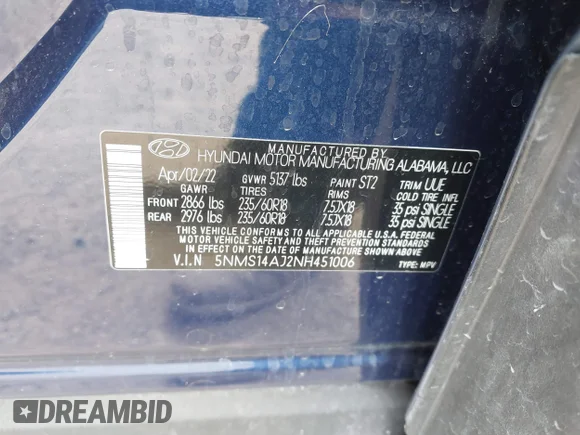 ✅ 2022 Hyundai Santa Fe SE • VIN: 5NMS14AJ2NH451006 • Lot: 42607916. Wystawiony na IAAI z przebiegiem 32 011 mil. Bezpłatny archiwum sprzedaży aukcyjnych z USA i szczegółowy raport historii pojazdu na DreamBid. Zdjęcie 9.