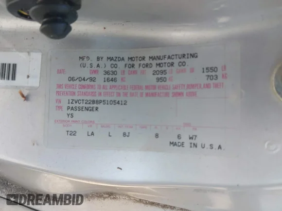 ✅ 1993 Ford Probe • VIN: 1ZVCT22B8P5105412 • Lot: 43173696. Listed on IAAI with 59,014 mi. Free auction sales archive from the USA and detailed vehicle history report at DreamBid. Image 9.