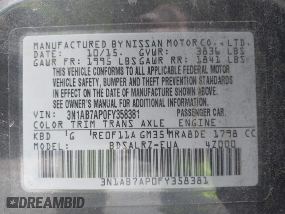 ✅ 2015 Nissan Sentra SR • VIN: 3N1AB7AP0FY358381 • Lot: 41942101. Wystawiony na IAAI z przebiegiem 148 197 mil. Bezpłatny archiwum sprzedaży aukcyjnych z USA i szczegółowy raport historii pojazdu na DreamBid. Zdjęcie 9.