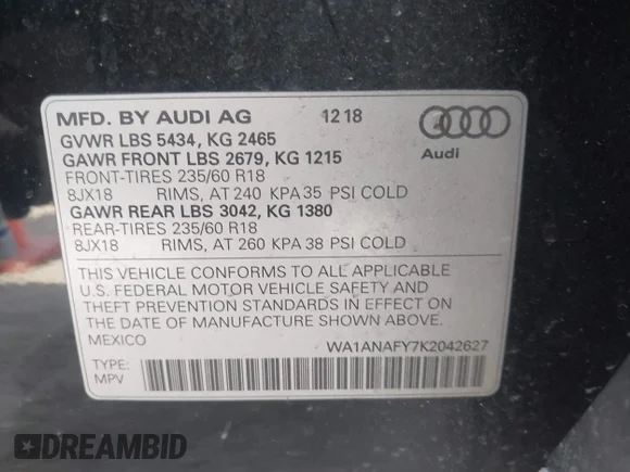 ✅ 2019 Audi Q5 Premium • VIN: WA1ANAFY7K2042627 • Lot: 44650672. Wystawiony na IAAI z przebiegiem 74 377 mil. Bezpłatny archiwum sprzedaży aukcyjnych z USA i szczegółowy raport historii pojazdu na DreamBid. Zdjęcie 9.