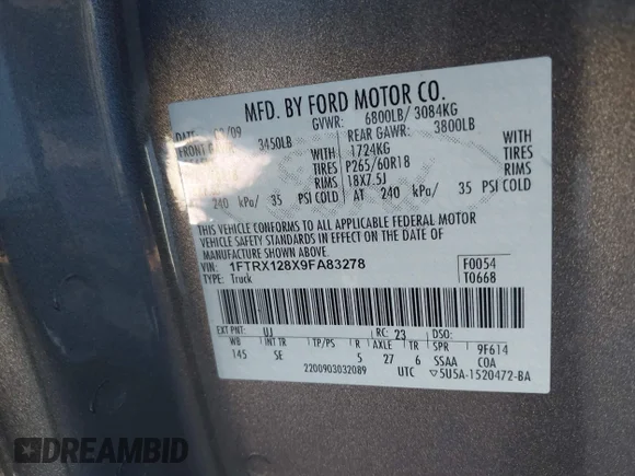 ✅ 2009 Ford F-150 STX • VIN: 1FTRX128X9FA83278 • Lot: 44096436. Wystawiony na IAAI z przebiegiem 71 894 mil. Bezpłatny archiwum sprzedaży aukcyjnych z USA i szczegółowy raport historii pojazdu na DreamBid. Zdjęcie 9.