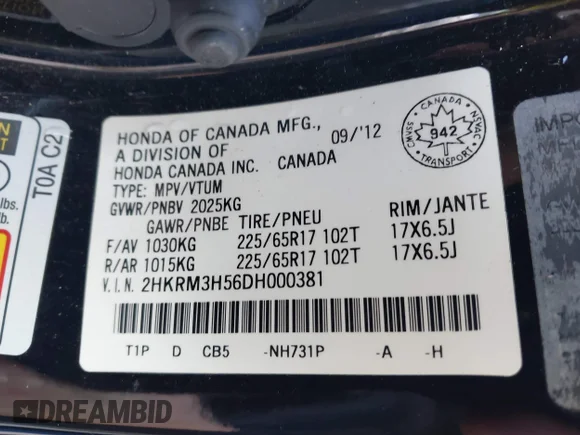 ✅ 2013 Honda CR-V EX • VIN: 2HKRM3H56DH000381 • Lot: 43728507. Listed on IAAI with 114,158 mi. Free auction sales archive from the USA and detailed vehicle history report at DreamBid. Image 9.