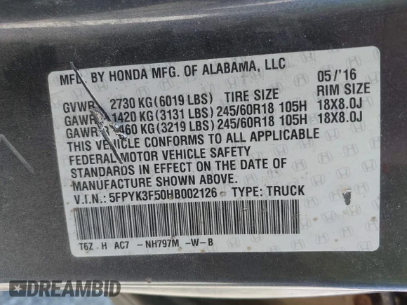 ✅ 2017 Honda Ridgeline RTL • VIN: 5FPYK3F50HB002126 • Лот: 42008881. Опубликован ранее на IAAI с пробегом 191 286 миль. Бесплатный доступ к архиву аукционных продаж из США и подробный отчёт об истории автомобиля на DreamBid. Изображение 9.