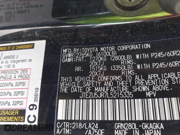 ✅ 2020 Toyota 4Runner SR5 Premium • VIN: JTEZU5JR7L5215335 • Lot: 44983261. Wystawiony na IAAI z przebiegiem 111 079 mil. Bezpłatny archiwum sprzedaży aukcyjnych z USA i szczegółowy raport historii pojazdu na DreamBid. Zdjęcie 9.
