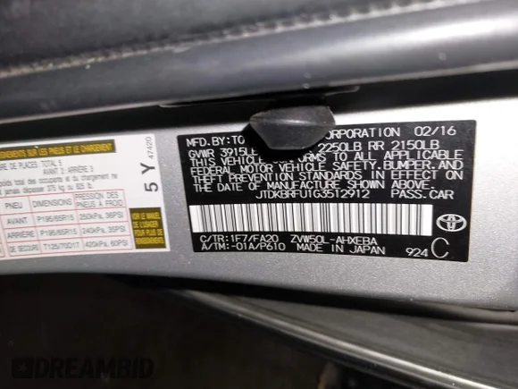 ✅ 2016 Toyota Prius Two • VIN: JTDKBRFU1G3512912 • Lot: 44923908. Wystawiony na IAAI z przebiegiem 106 808 mil. Bezpłatny archiwum sprzedaży aukcyjnych z USA i szczegółowy raport historii pojazdu na DreamBid. Zdjęcie 9.