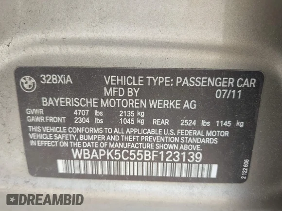 ✅ 2011 BMW 3 Series 328i xDrive • VIN: WBAPK5C55BF123139 • Lot: 44883058. Listed on IAAI with 112,696 mi. Free auction sales archive from the USA and detailed vehicle history report at DreamBid. Image 9.